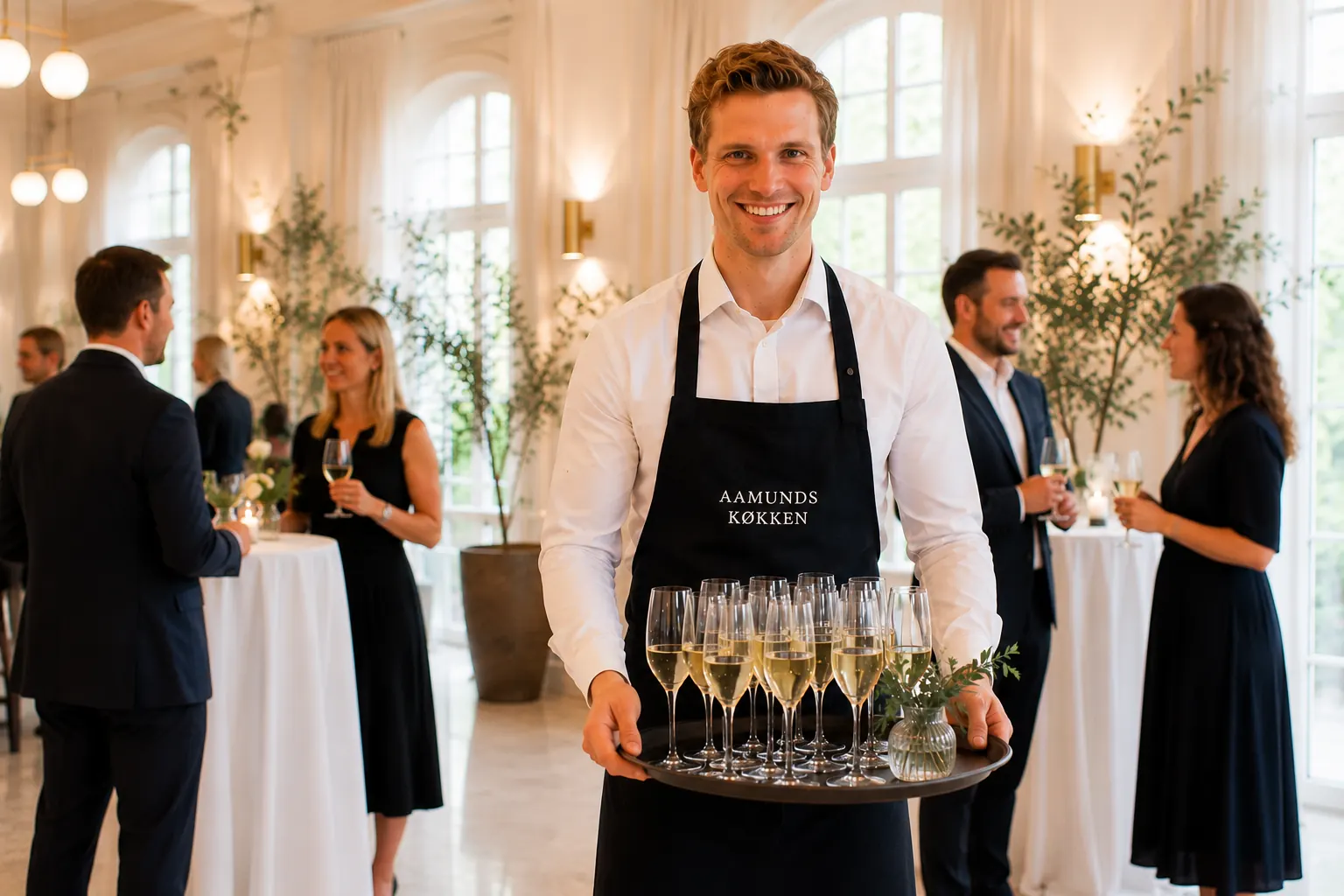 Reception med snacks og velkomstdrinks serveret af tjener (AI-genereret billede)